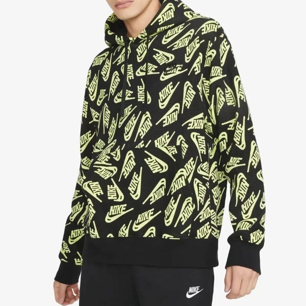 Nike Men's All Over Logo Print Hoodie Black Volt Green M Sweatshirt Pullover